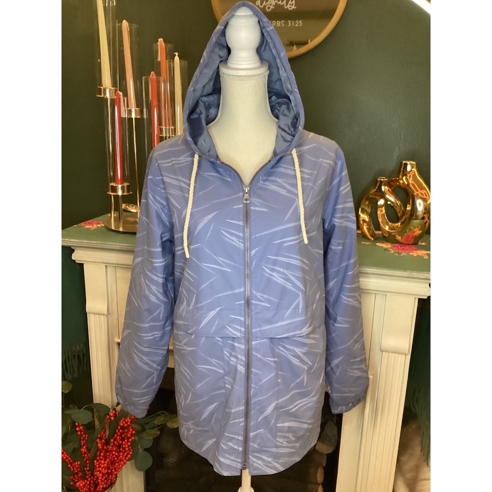 Weatherproof Vintage Blue Leaf Print Hooded Zip Up‎ Lightweight Rain Jacket M